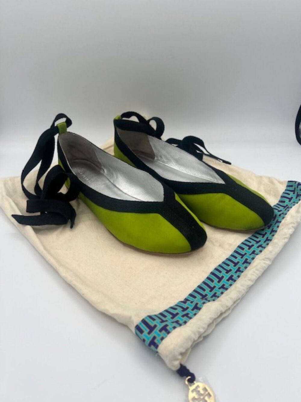 Tory Burch Wrap Herringbone Satin Ballet Flats Green 8.5